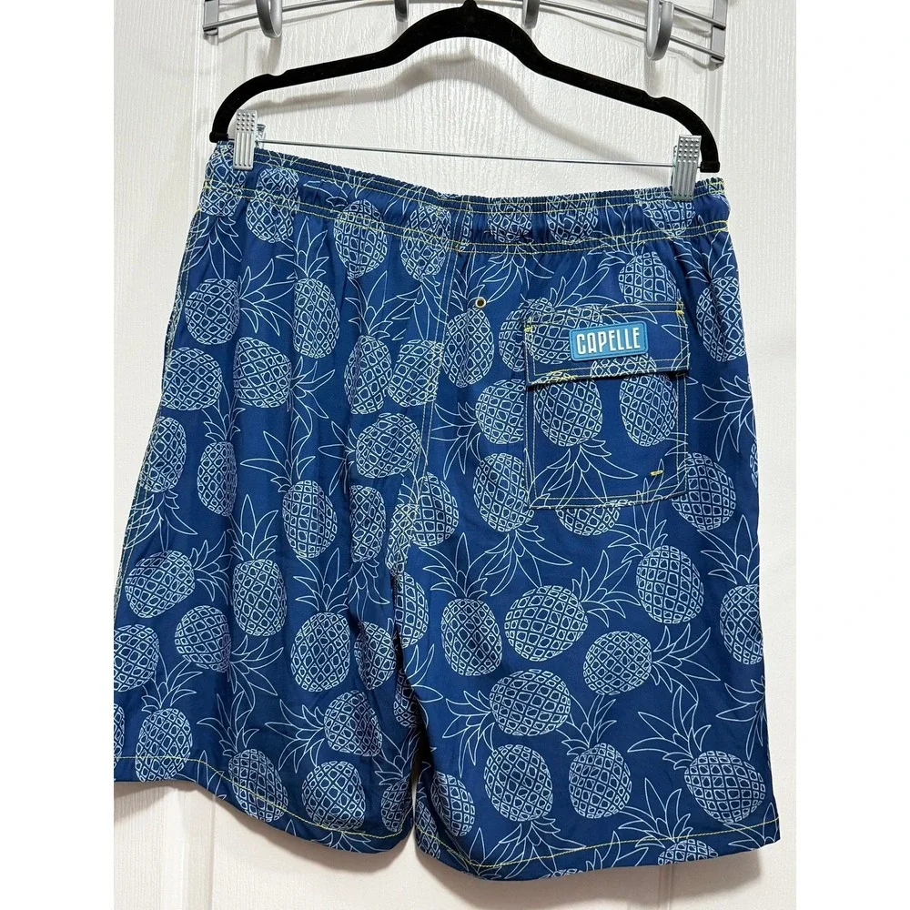 Capelle Hybrid Swim Trunks Mens M Blue Pineapple‎ Print Yellow Drawstring lined